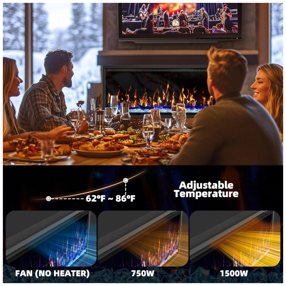 Lareira Elétrica Eueiriup 117x59cm 1500W Chamas LED 12 Cores Embutir 110V