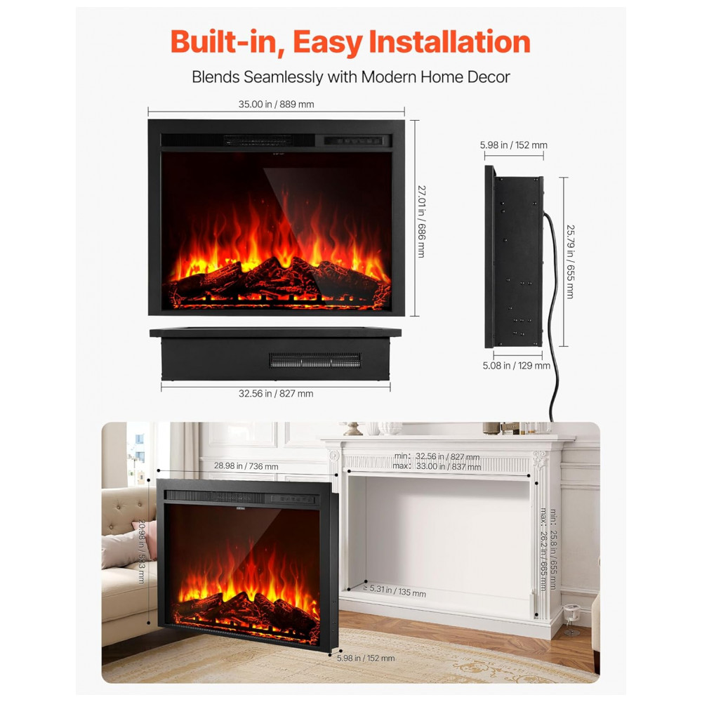 Lareira Elétrica VEVOR 89x68cm 1500W Chamas 3D 9 Cores Embutir 110V