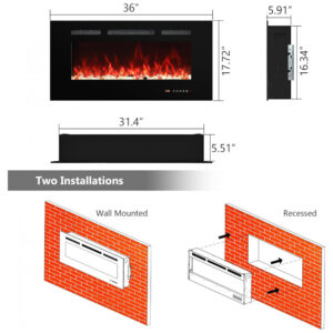 Lareira Elétrica Carsynflame 91 cm, Controle Remoto e Tela Touch, 169 Combinações de Chama, 1500W, Preta