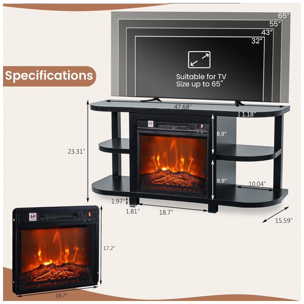 Rack TV Vaczon 122cm Lareira Elétrica 46cm 1400W Chamas 3D 4 Prateleiras 110V