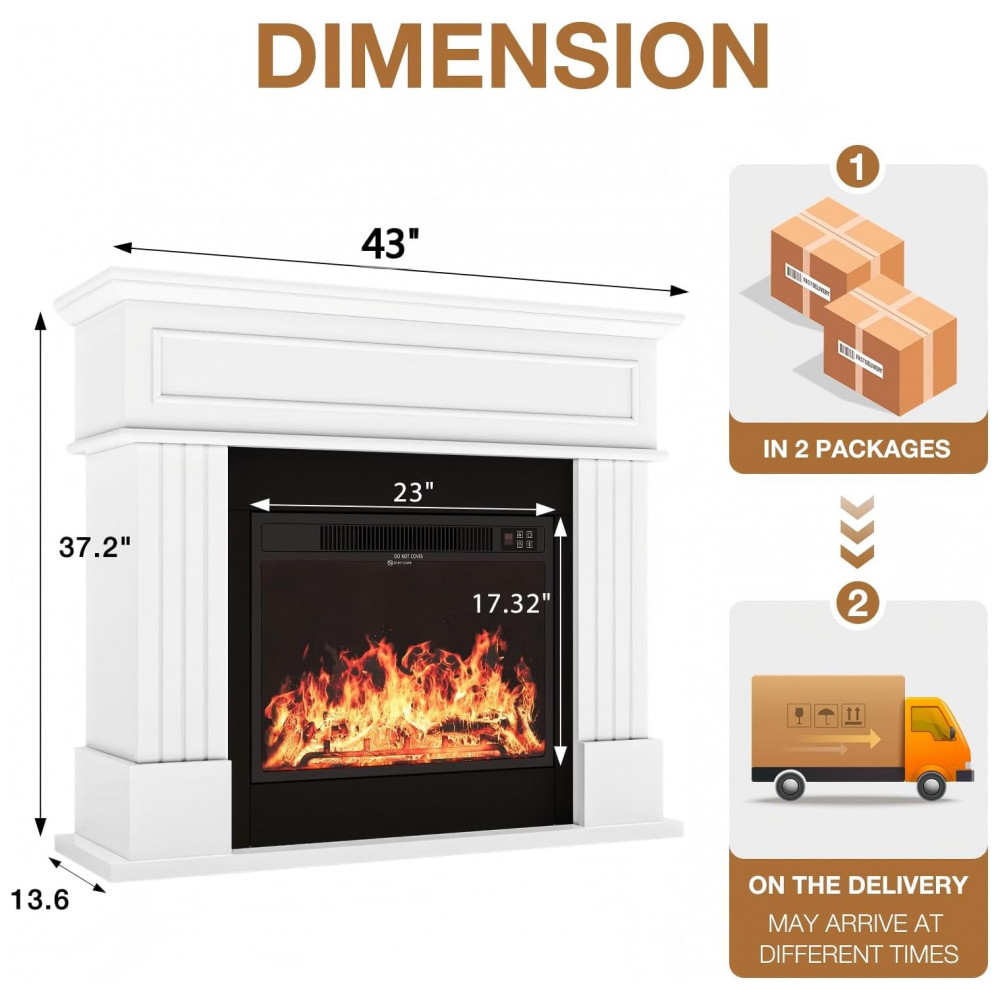 Lareira Elétrica OneBlis 109x95cm 1500W Chamas 3D Mantel Branca Portátil 110V