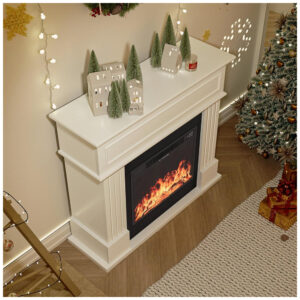 Lareira Elétrica OneBlis 109x95cm 1500W Chamas 3D Mantel Branca Portátil 110V