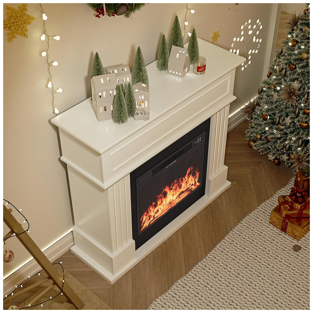 Lareira Elétrica OneBlis 109x95cm 1500W Chamas 3D Mantel Branca Portátil 110V