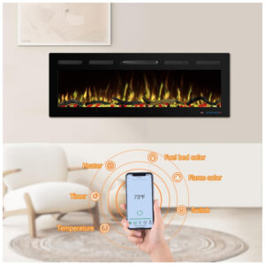 Lareira Elétrica Kentsky 122x45cm 1500W WiFi App Chamas 13 Cores Embutir 110V