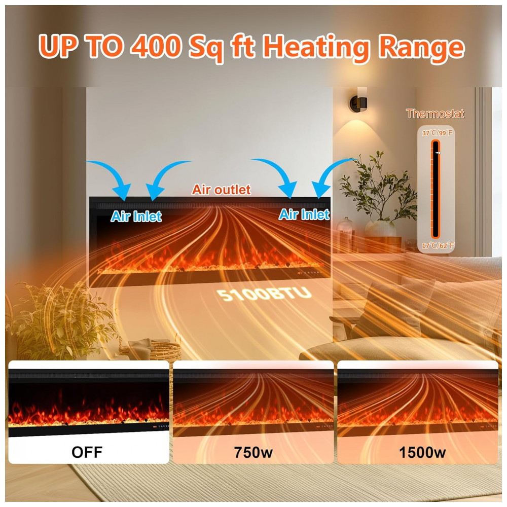 Oxhark Flame Lareira Elétrica Smart de 107 cm WiFi com Controle por App e Efeito Chama Multicolorido