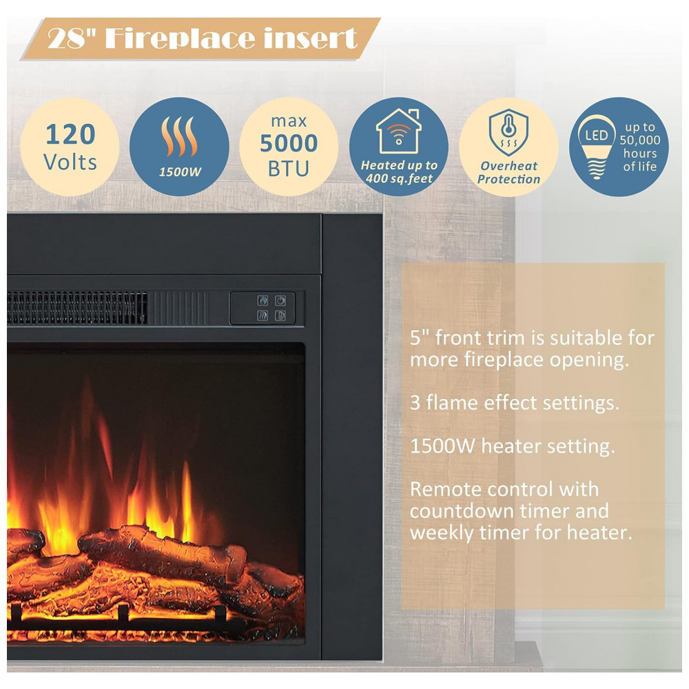 Lareira Elétrica Efiretric 72x51cm 1500W Troncos LED Timer Embutir 110V