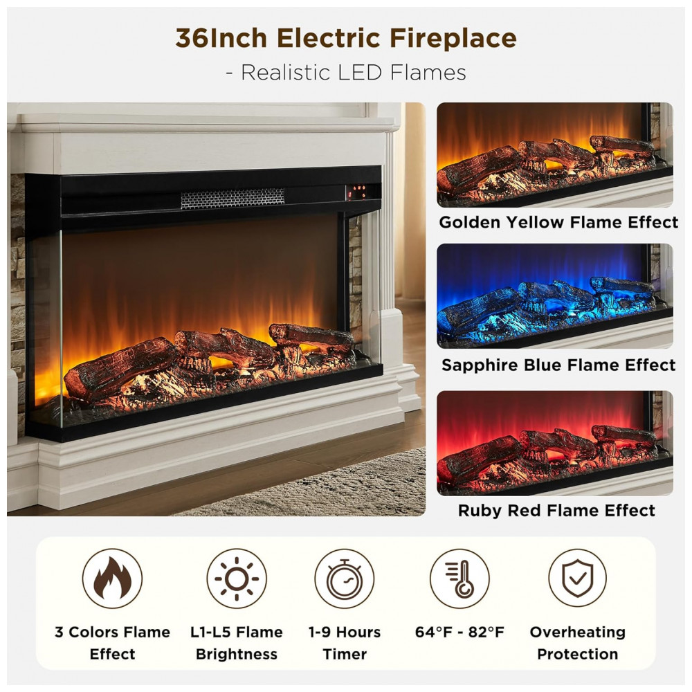 Lareira Elétrica OKD 132x91cm 1500W Chamas 3 Cores Mantel TV Stand 110V