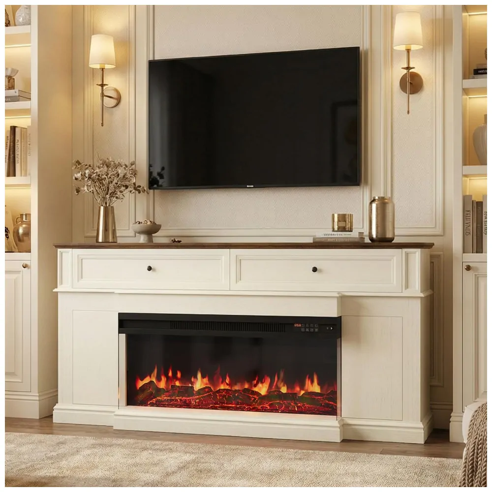 Lareira Elétrica Nordivale 160x43x90cm 1500W Rack TV70 3Lados Gavetas 110V