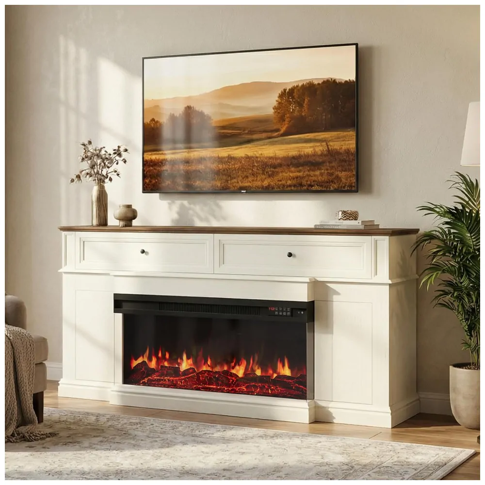 Lareira Elétrica Nordivale 160x43x90cm 1500W Rack TV70 3Lados Gavetas 110V