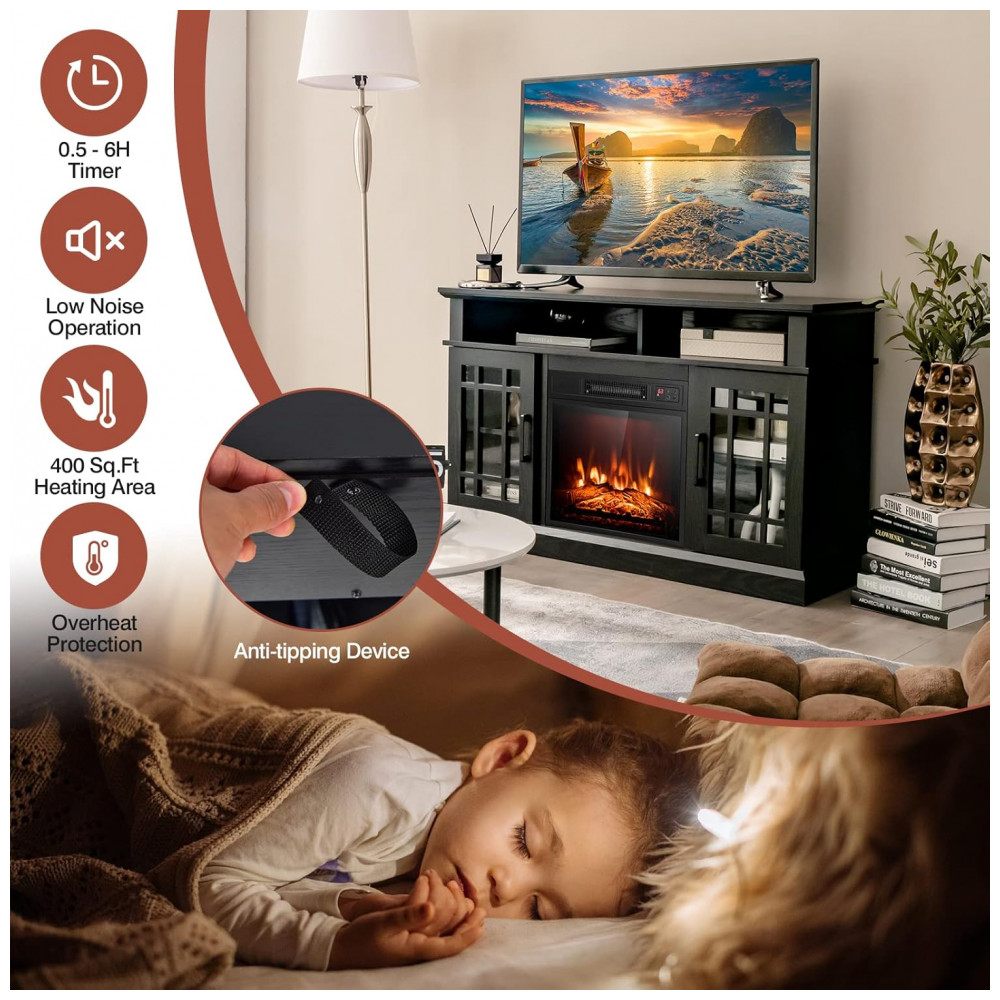Rack TV Lareira Elétrica COSTWAY 122x76cm 1500W Chamas LED 3 Níveis 110V