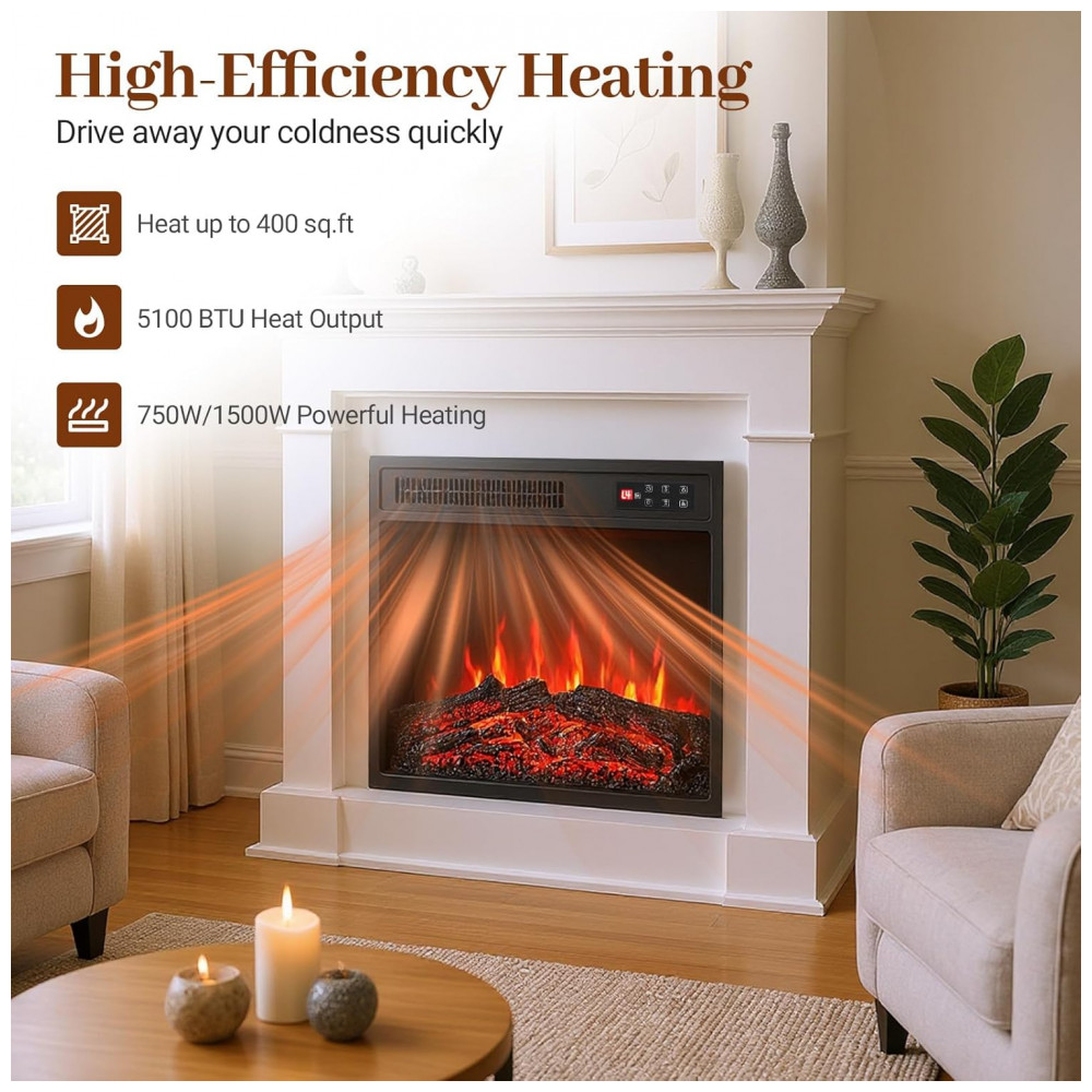 Lareira Elétrica Tangkula 48x45cm 1500W Chamas LED 7 Cores Embutir 110V