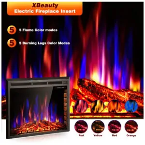 Lareira Elétrica Xbeauty 91x69cm 1500W Chamas LED 4 Cores Timer Embutir 110V