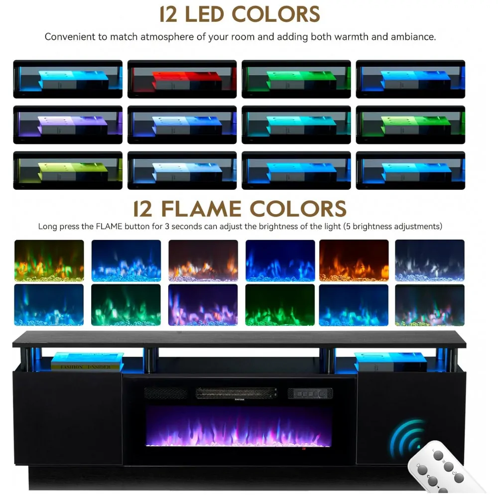 Rack TV OneBlis 178x58cm Lareira Elétrica 36pol 750W Chamas LED Preto 110V