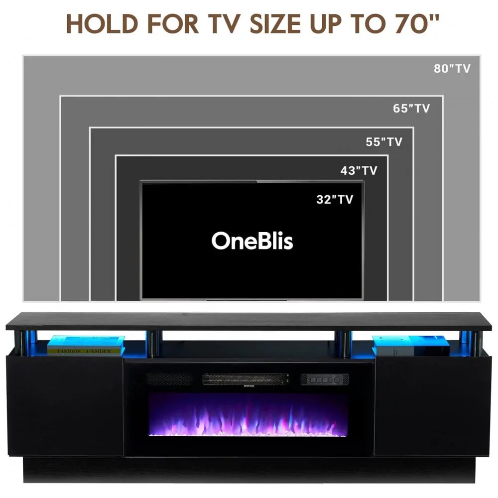 Rack TV OneBlis 178x58cm Lareira Elétrica 36pol 750W Chamas LED Preto 110V