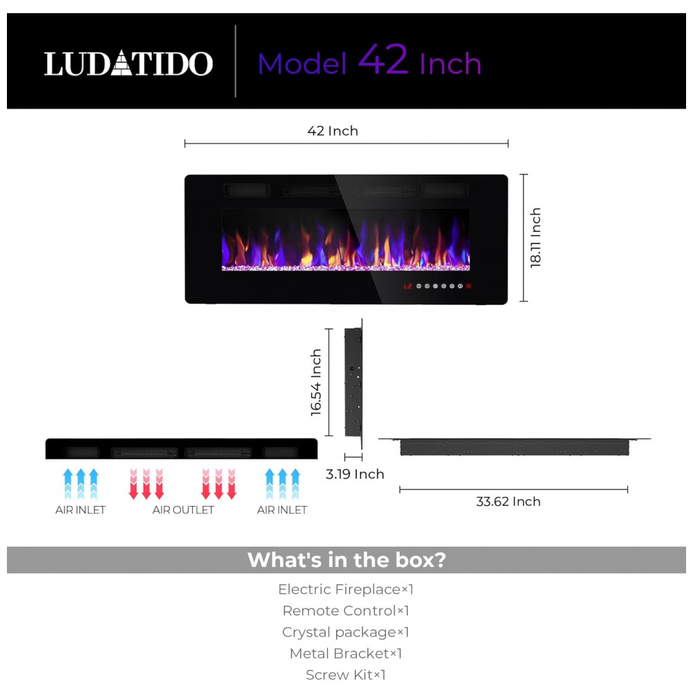 Lareira Elétrica Ludatido 107x46cm 1500W Chamas LED Touch Screen Embutir 110V