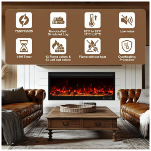 Lareira Elétrica Smart Oxhark Flame 127cm com Aquecedor 1500W, Controle Remoto e App, 169 Efeitos de Chama Realistas
