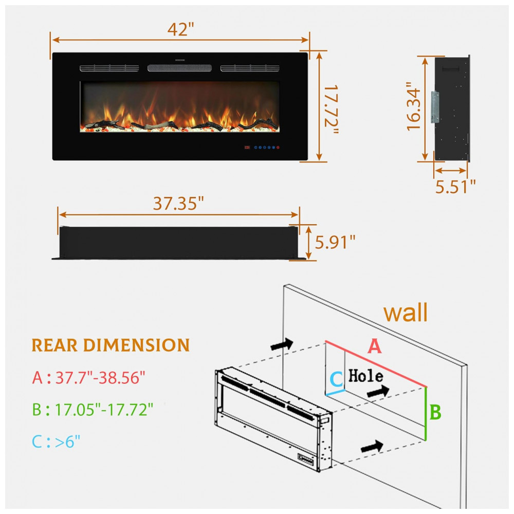 Lareira Elétrica Kentsky 107x45cm 1500W Multicolor LED Tela Touch Embutir 110V