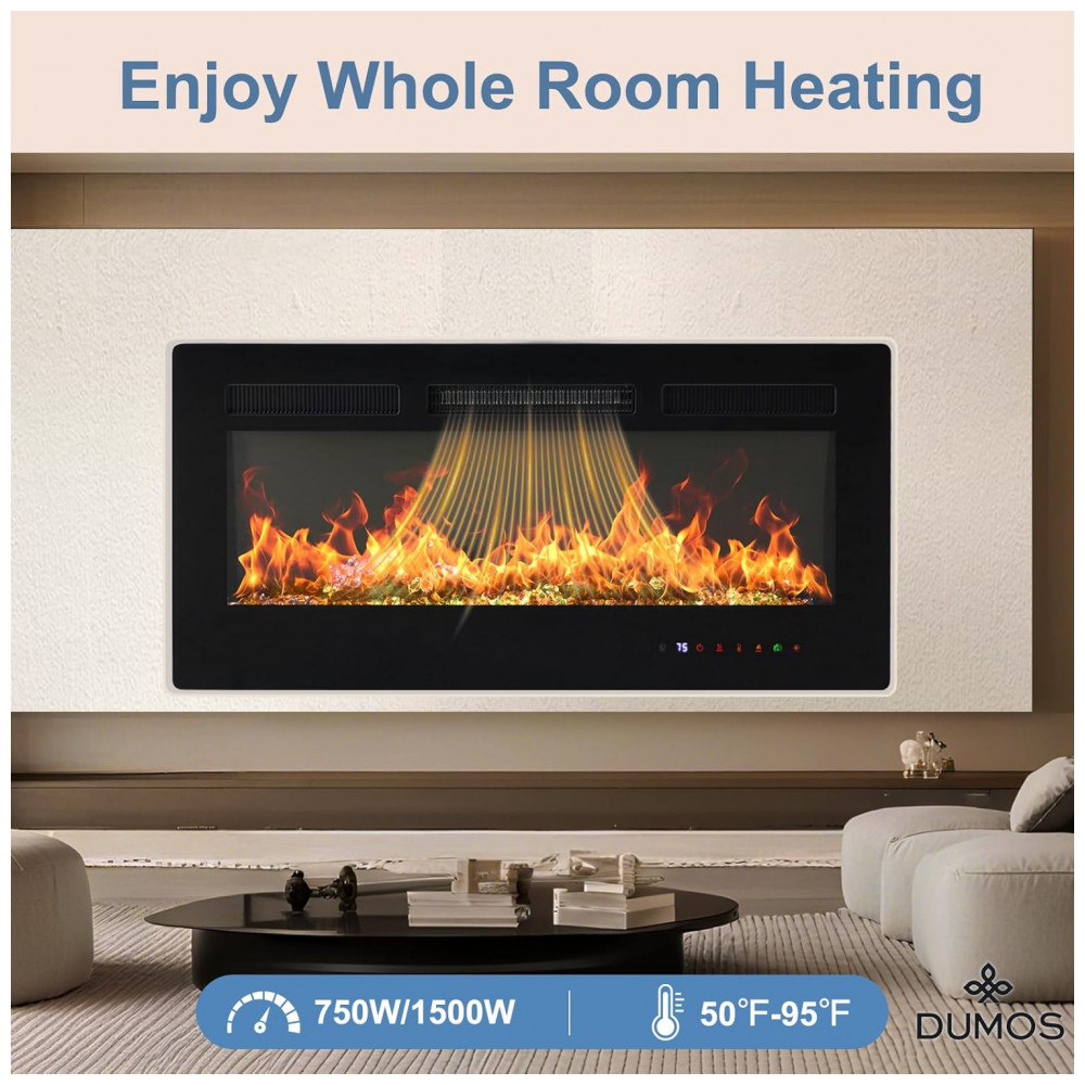 Lareira Elétrica DUMOS 91x46cm 1500W Chamas 13 Cores Touch Screen Embutir 110V