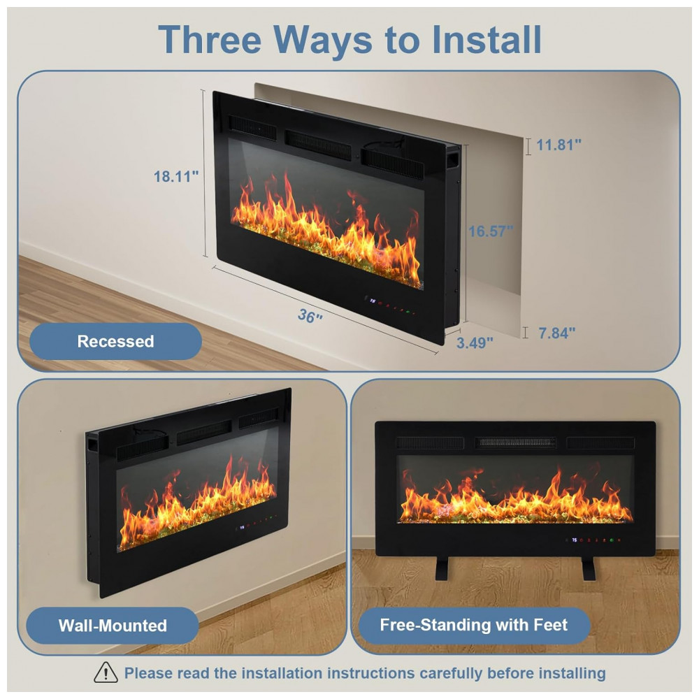 Lareira Elétrica DUMOS 91x46cm 1500W Chamas 13 Cores Touch Screen Embutir 110V