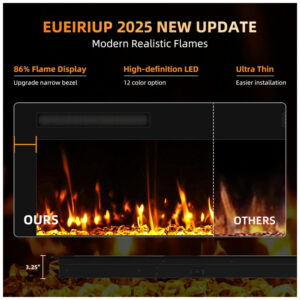 Lareira Elétrica Eueiriup 183x46cm 1500W 12 Cores LED Controle Touch Embutir 110V