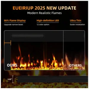 Lareira Elétrica Eueiriup 183x46cm 1500W 12 Cores LED Controle Touch Embutir 110V
