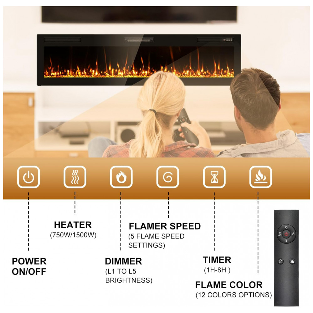 Lareira Elétrica Eueiriup 183x46cm 1500W 12 Cores LED Controle Touch Embutir 110V
