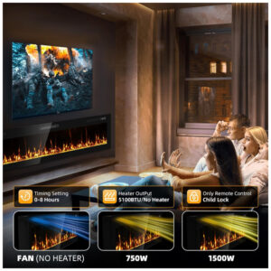 Lareira Elétrica Eueiriup 183x46cm 1500W 12 Cores LED Controle Touch Embutir 110V
