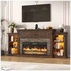 Lareira Elétrica St.Mandyu 216x95cm 1500W Rack TV 95pol LED Marrom Rústico 110V