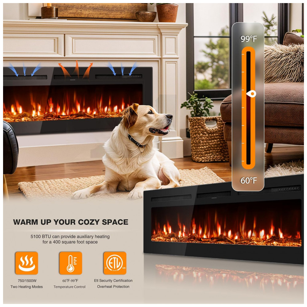 Lareira Elétrica Manastin 152x43cm 1500W LED 12 Cores Timer Embutir 110V