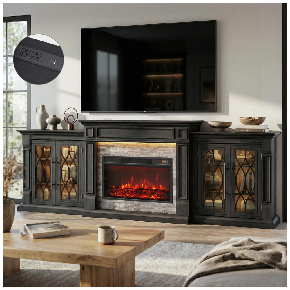 Rack TV LGHM 264x95cm com Lareira Elétrica 76cm 1400W LED Preto Bestseller 110V