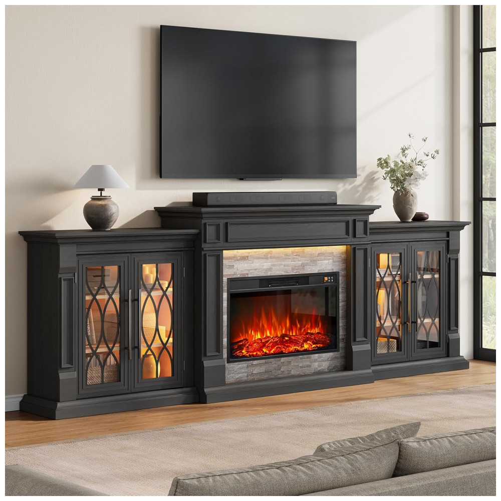 Rack TV LGHM 264x95cm com Lareira Elétrica 76cm 1400W LED Preto Bestseller 110V