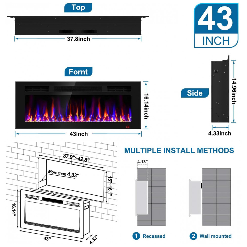 Lareira Elétrica Sixfivsevn 109x41cm 1500W 12 Cores LED Timer Embutir 110V
