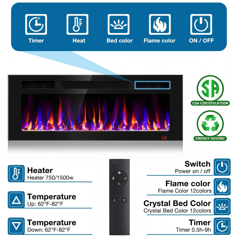 Lareira Elétrica Sixfivsevn 109x41cm 1500W 12 Cores LED Timer Embutir 110V