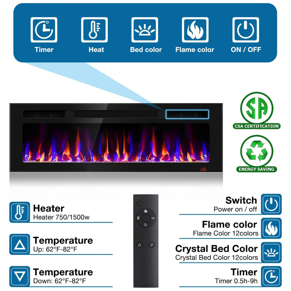 Lareira Elétrica Sixfivsevn 127x41cm 1500W 12 Cores Chamas LED Embutir 110V