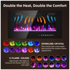 Lareira Elétrica Zionheat 91x46cm 1500W LED 12 Cores Timer Embutir 110V