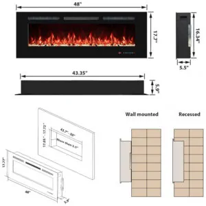 Lareira Elétrica Vinemount 122x45cm 1500W 13 Cores Chamas Timer Embutir 110V
