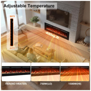 Lareira Elétrica Vinemount 122x45cm 1500W 13 Cores Chamas Timer Embutir 110V