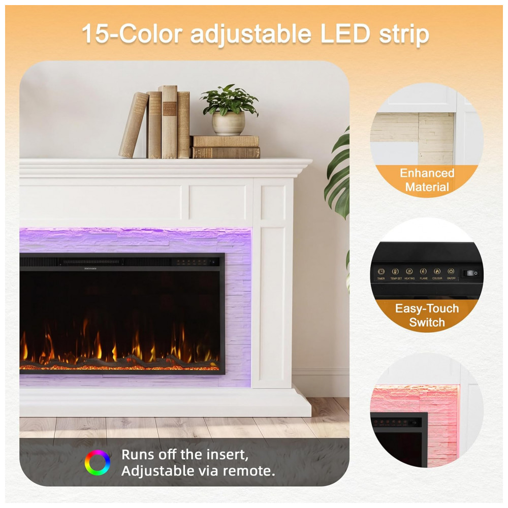 Lareira Elétrica Weyderk 175x28x102cm 1500W Chamas LED 15 Cores Controle 110V