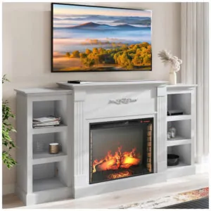 Lareira Elétrica BELLEZE 179x100cm 1500W Rack TV 68pol Prateleiras Branca 110V