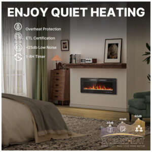 Lareira Elétrica BREEZEHEAT 107x46cm 1500W 12 Cores LED Embutir 110V