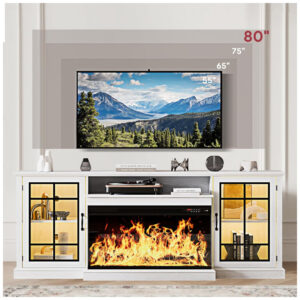 Rack TV Lareira Elétrica MXV 178x80cm 3 Lados Vidro Chamas LED Branco 110V