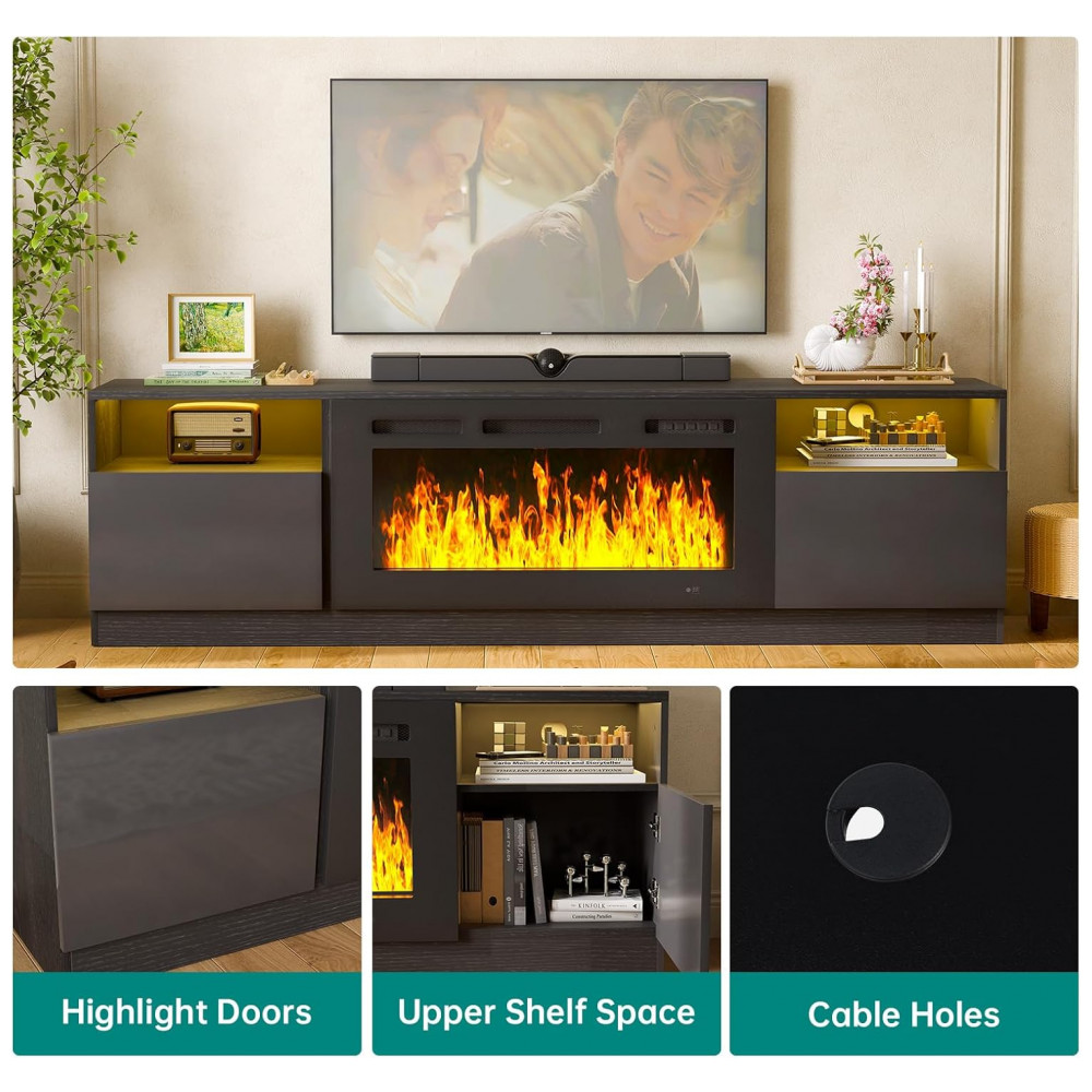 Rack TV MXV 200x56cm c Lareira Elétrica 91cm LED 12 Cores Preto 110V