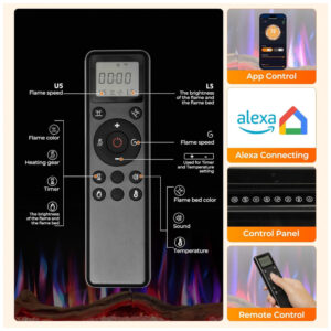 Lareira Elétrica R.W.FLAME 107x44cm 1500W WiFi Alexa App Chamas LED Embutir 110V