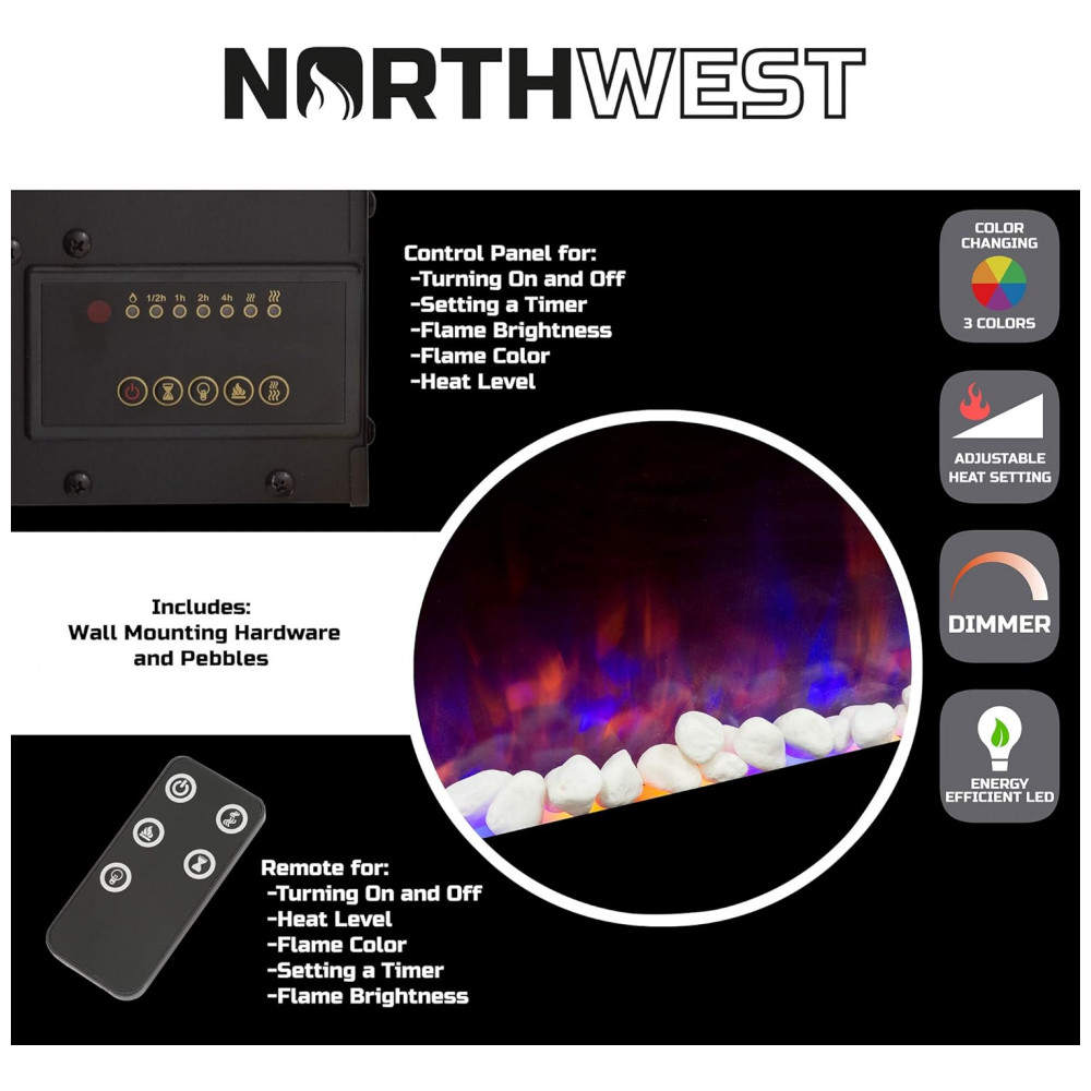 Lareira Elétrica Northwest 107x51cm 1500W Chamas LED Timer Parede 110V
