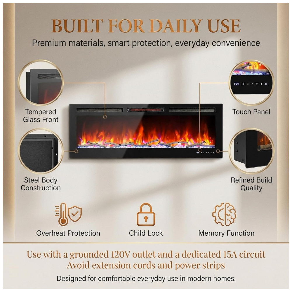 Lareira Elétrica Chic Muse 127x46cm 1500W WiFi Alexa 12 Cores Embutir 110V