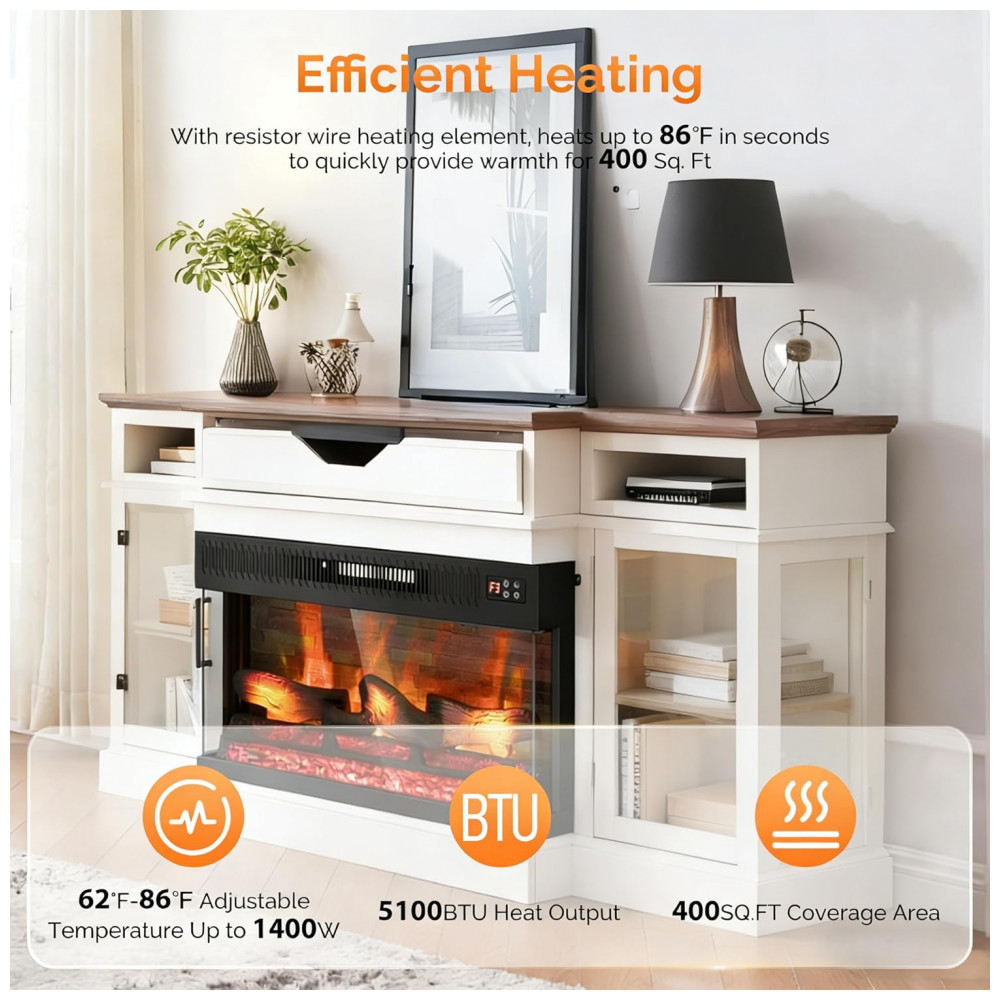 Lareira Elétrica ROVSUN 91x44cm 1400W Chamas 20 Cores 3D Embutir 110V
