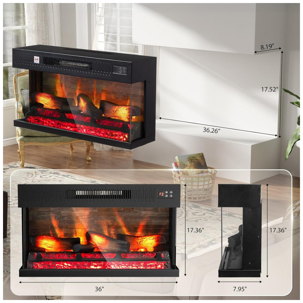 Lareira Elétrica ROVSUN 91x44cm 1400W Chamas 20 Cores 3D Embutir 110V