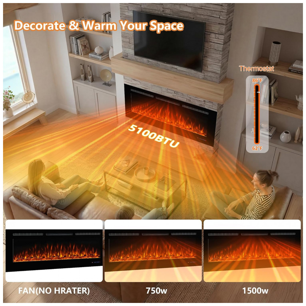 Lareira Elétrica Dreamflame 107x55cm 1500W Chamas 3 Cores Embutir 110V