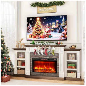 Rack TV Lareira Elétrica HolliWill 203x95cm 1400W Chamas LED Rustico 110V