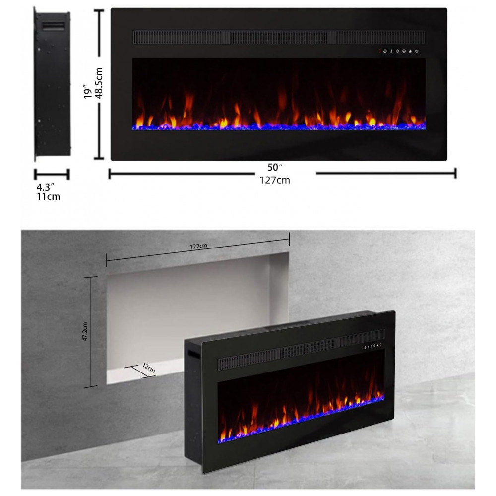 Lareira Elétrica Panana 127x48cm 1400W 20 Cores LED Timer Embutir 110V